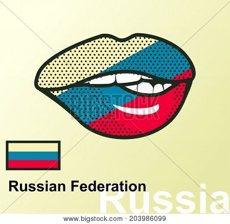 Vector illustration of lip painted Russia flag isolated foreign language national symbols