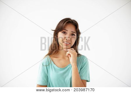 Portrait of unhappy sorrowful concerned hurt young mixed race brunette woman feeling sorry for doing something wrong her eyer full of regret. Human facial expressions emotions and feelings