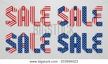 Word Sale made with folded ribbon of american flag stars and stripes in 4 different types. Vector lettering design.