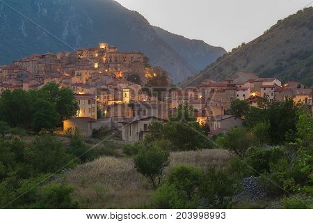 View of Italian Villalago old city in province of L'Aquila the Abruzzo region