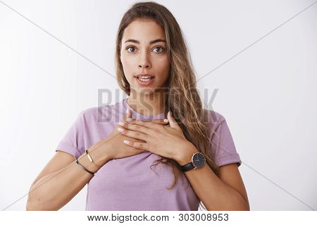 Concerned Sympathizing Young Shocked Woman Reacting Stunning News Press Palms Chest Gasping Drop Jaw