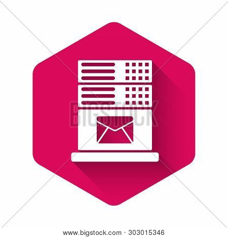 White Mail Server Icon Isolated With Long Shadow. Pink Hexagon Button. Vector Illustration