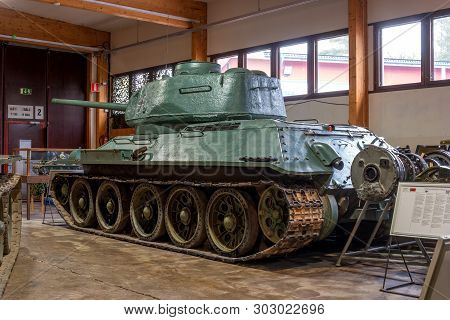 Parola, Finland - May 2, 2019: Tank Museum In The City Of Parola. Soviet Tank T-34-85. This Copy Was