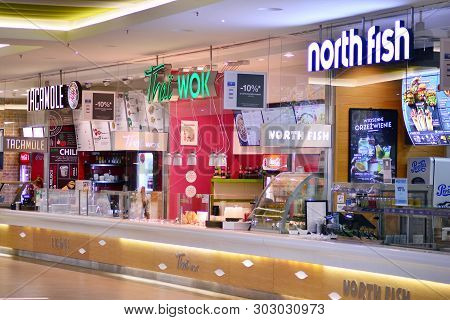 Warsaw, Poland. 13 March 2019. Restaurant Zone In The Arkadia Shopping Center. Arkadia Offers A Wide