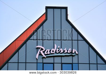 Gdansk, Poland .19 January 2019. Sign Radisson. Company Signboard Radisson.