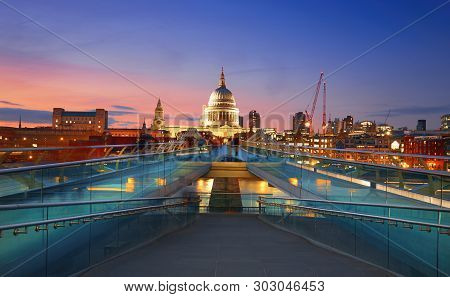 Millennium Bridge Leading To Saint Paul's Cathedral In Central London