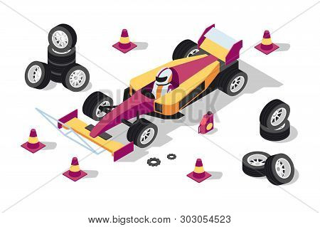3d Isometric Sport Car At Pit Stop With Wheels, Cones And Gear. Concept Professional Vehicle With Ma