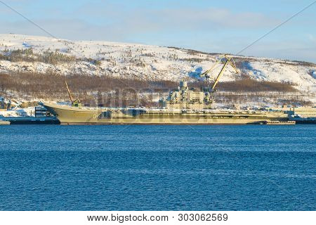 Murmansk, Russia - February 21, 2019: The Heavy Aircraft Carrier Admiral Kuznetsov Is Under Repair I