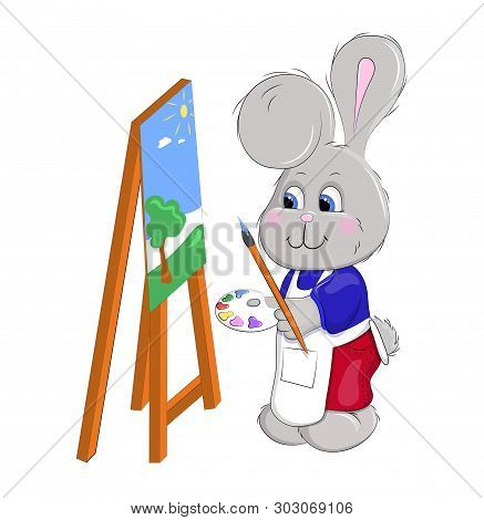 Cute Rabbit Is Painting A Picture. Little Boy With Paint Brush And Paint. Hand Drawn Illustration Is