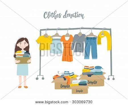 Modern Flat Vector Illustration. Woman Holding Cardboard Box With Clothing For Donation Or Recycling