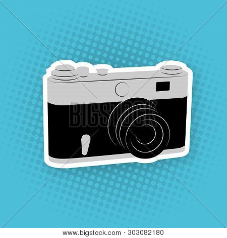 Sticker Stlye Vintage Camera Illustration On Blue Pattern Background