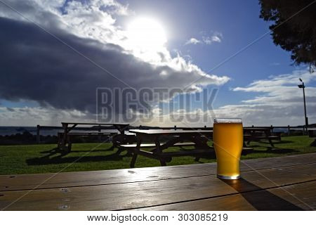 Beer On The Table With Beautiful View Of Beach At Lancelin, Perth, Western Australia, Wa, Indian Oce