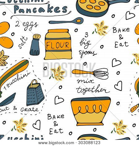 Recipe Pattern. Seamless Pattern With Zucchini Pancakes Recipe.