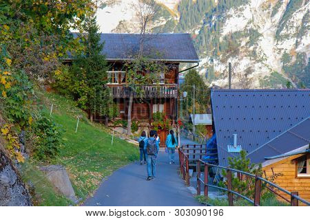 Beatenberg, Switzerland - Oct 18, 2018: Tourists Are Walking To The Beautiful View Of Alpine Eiger V