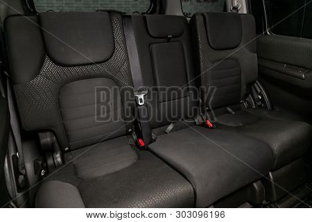 Novosibirsk, Russia - May 23, 2019:  Nissan Pathfinder,close-up Of The Black Rear Seats. Photography