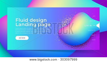Landing Page With Trendy Colorful Liquid Gradients. Fluid Colorful Shapes, Gold Glitter. Modern Artw