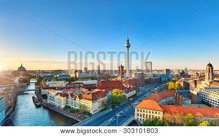 Aerial View Of Central Berlin On A Bright Day In Spring, Including Old City Hall And Television Towe