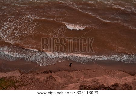 Aerial View At Young Woman Walking Far Away By The Brown Unkind Water Sea Shore