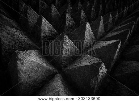 Sharp Tip Concrete Architecture Texture Background. Art Picture Of Unique Pattern Of Dark Stone Carv