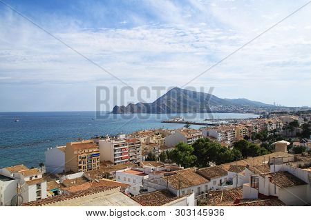 Beautiful Panoramic View Of Altea Village From The Viewpoint. Altea, Alicante, Spain In Summer.