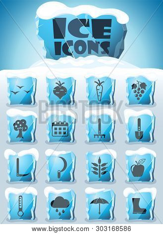 Autumn Vector Icons Frozen In Transparent Blocks Of Ice