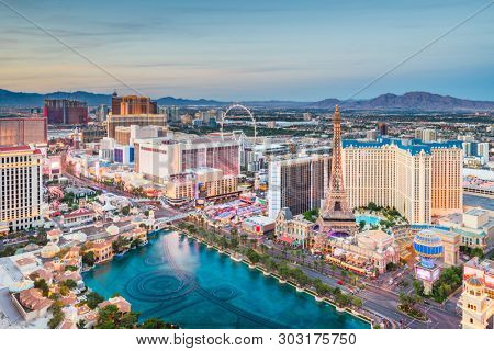 Las Vegas, Nevada, USA skyline over the strip at dusk.