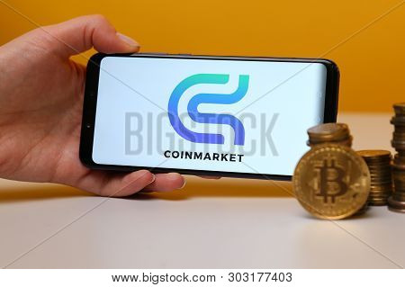 Tula, Russia - May 12 , 2019: Coinmarket On Phone Display.