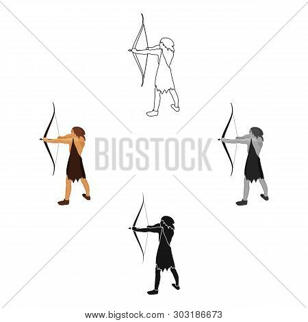 Caveman With Bow And Arrow Icon In Cartoon, Black Style Isolated On White Background. Stone Age Symb