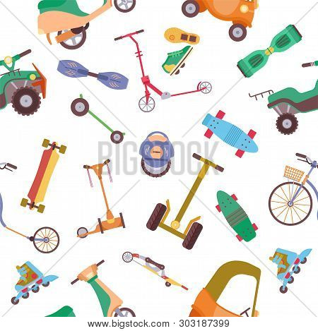 Different Urban Park Activity Sport Wheel Devices, Vehicles And Park Transport Vector  Pattern. Baby