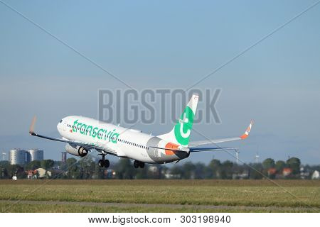 Amsterdam The Netherlands - May 24th, 2019: Ph-guv Transavia Boeing 737-800 Takeoff From Polderbaan 