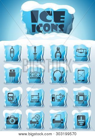 Electronics Repair Vector Icons Frozen In Transparent Blocks Of Ice