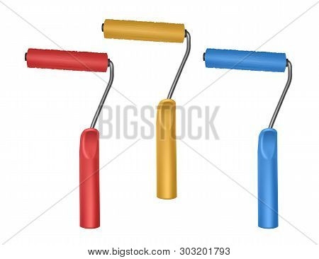 Paint Roller Brush. Colorful Paint Texture When Painting With A Roller. Colorful Roller Brushes Vect
