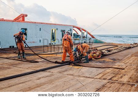 Vessel Crew Preparing Vessel For Static Tow Tanker Lifting