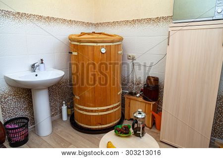 Cabinet For Cosmetology Procedures, Rest And Recovery With Wooden Phyto Barrels For Spa, Wellness An