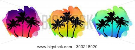 Set Of Composition With Tropical Suset. Designer Element For Banner, Flyer, Clothes, Postcard. Vecto