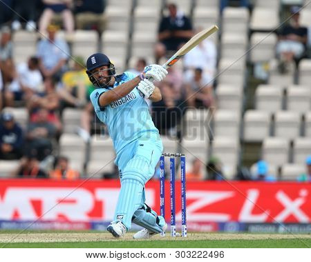 SOUTHAMPTON, ENGLAND. 25 MAY 2019: Liam Plunkett of England hits out during the England v Australia, ICC Cricket World Cup warm up match,