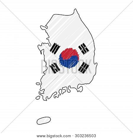 South Corea Map Hand Drawn Sketch. Vector Concept Illustration Flag, Childrens Drawing, Scribble Map