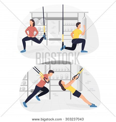 Fit People Working Out On Trx Doing Bodyweight Exercises. Fitness Strength Training Workout.
