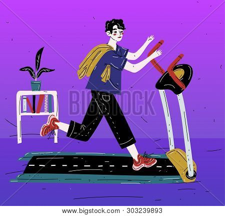 Boy Running On Treadmill. Young Man Exercising. Cardio Training
