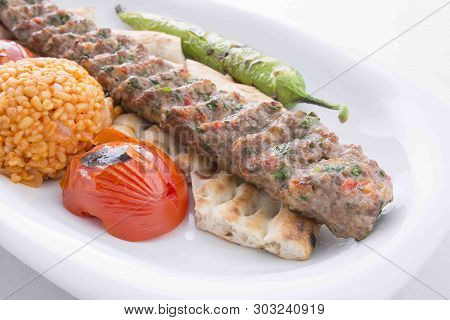 Turkish Adana Kebab,plate With Pepper And Tomato
