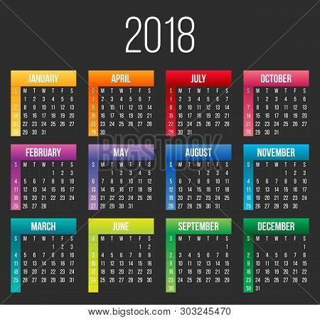 Creative Illustration Of 2018 Year Colorful Calendar Isolated On Background. Art Design Blank Mockup