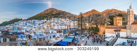 Chefchaouen, Morocco - Feb 18 2018 : Panorama Of Chefchaouen, Morocco. Blue City. Traveling Through 