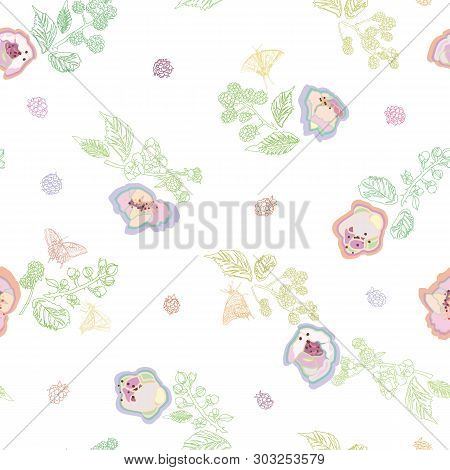 White Vector Repeat Pattern With Black Line Art Butterfly, Florals, Leaf, Blossom And Doodle Style. 
