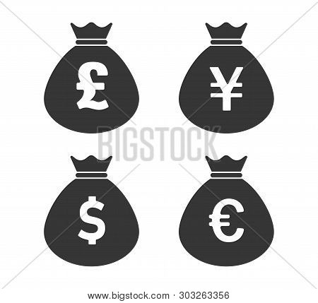 Set Of Money Bags Icon Isolated On White Background With Shadows Dollar Euro Pound Uang Signs. Cash 