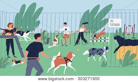 Funny People Playing With Dogs At Playground, Yard Or Park. Happy Men And Women Training Domestic An