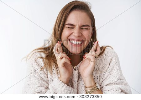 Attractive Excited Eager Caucasian Woman Praying Dream Come True Cross Fingers Lucky Gesture Close E
