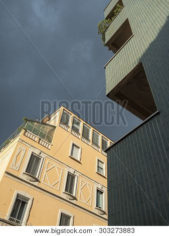 Residential Buildings Along Via Piero Della Francesca In Milan, Lombardy, Italy, Before A Storm