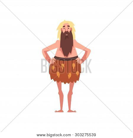 Funny Prehistoric Bearded Man, Primitive Stone Age Caveman In Animal Pelt Cartoon Character Vector I