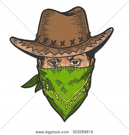 Cowboy Head In Bandit Gangster Mask Bandana Color Sketch Line Art Engraving Vector Illustration. Scr