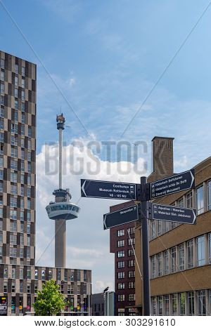 Rotterdam, Netherlands - April 29, 2019 : Streets Direction Sign Near Euromast Tower On A Sunny Day 